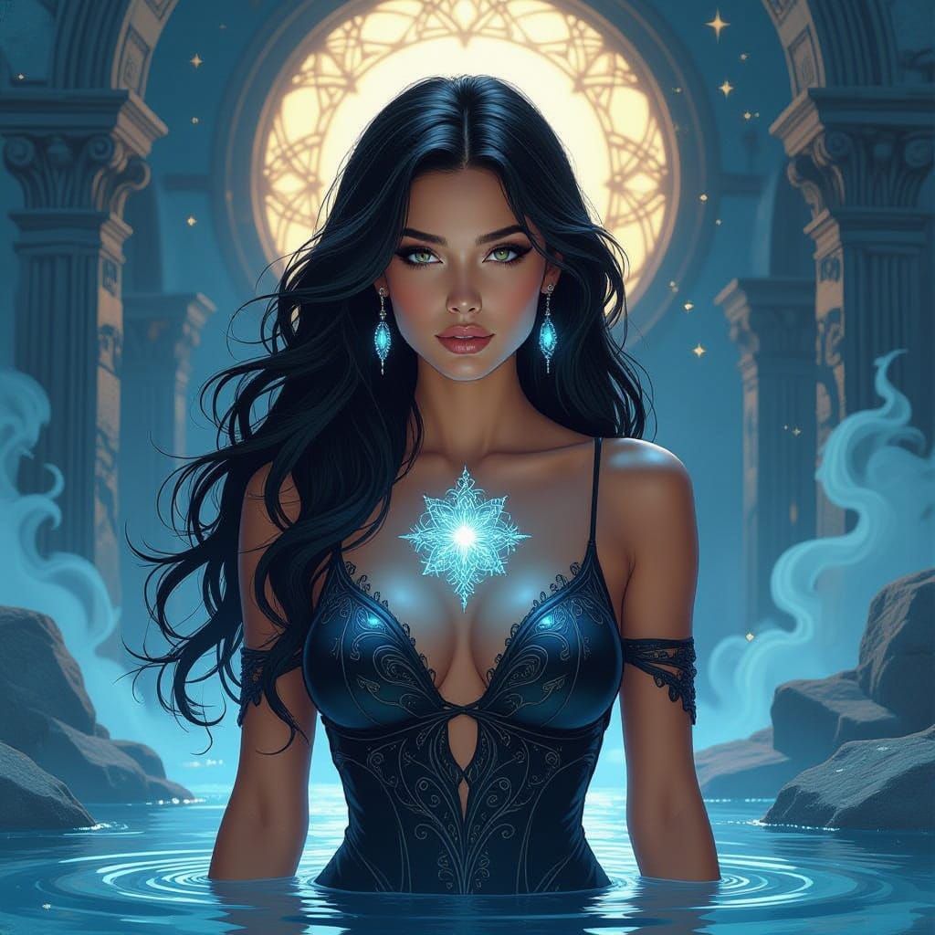 Woman With Glowing Tattoos Amidst Ruins in Comic Style