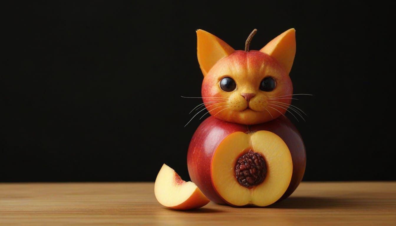 Surreal Fruit Cat Emerges from a Golden Nectarine