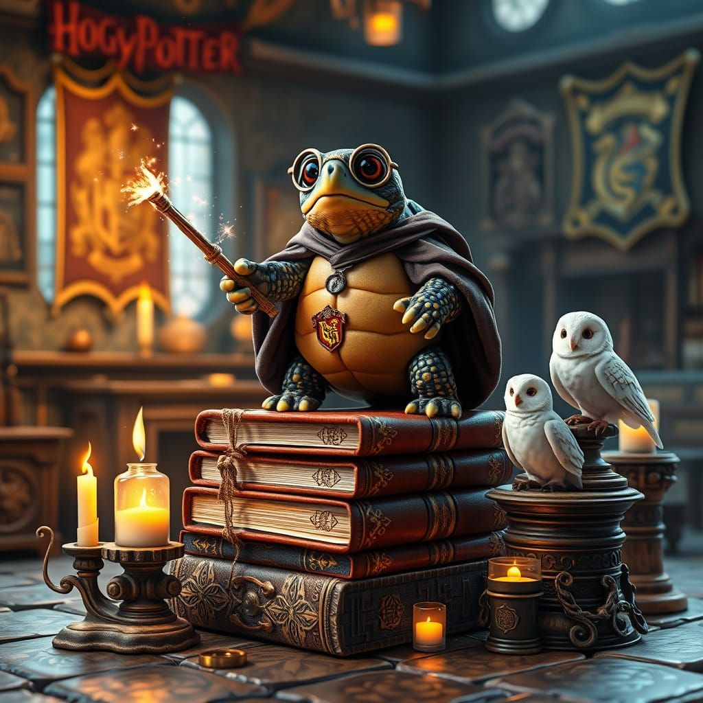 Whimsical Hogwarts Turtle in Magic Classroom Scene