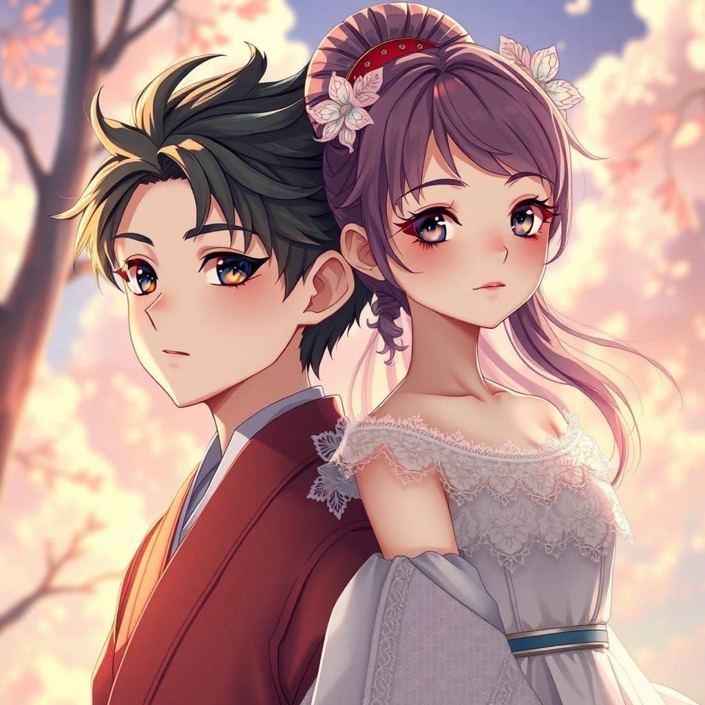 Youthful Anime Couple in Dreamlike Landscape