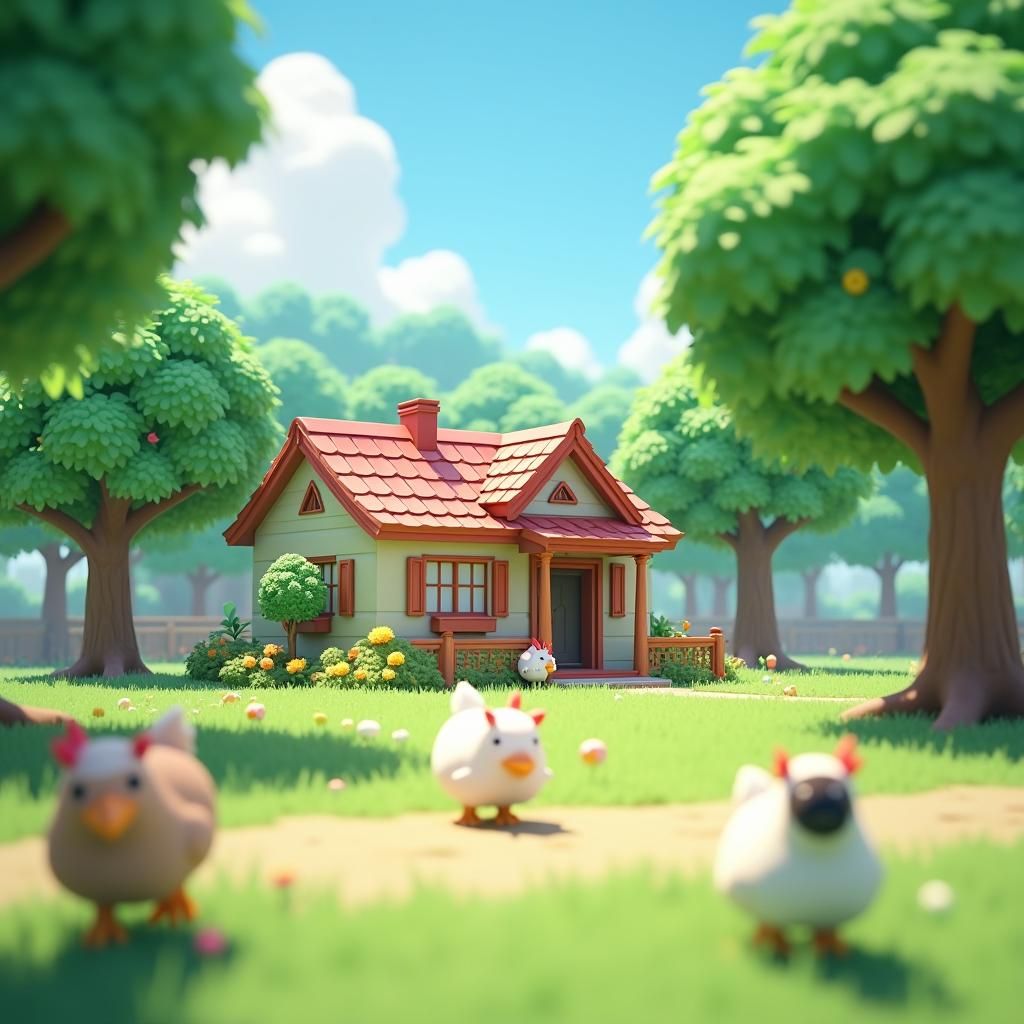 Anime Garden House with Playful Goats in 3D