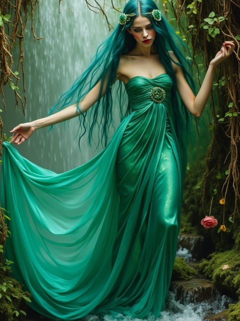 Enchanted Forest Nymph in Opal Adorned Gown beside Crystal W...