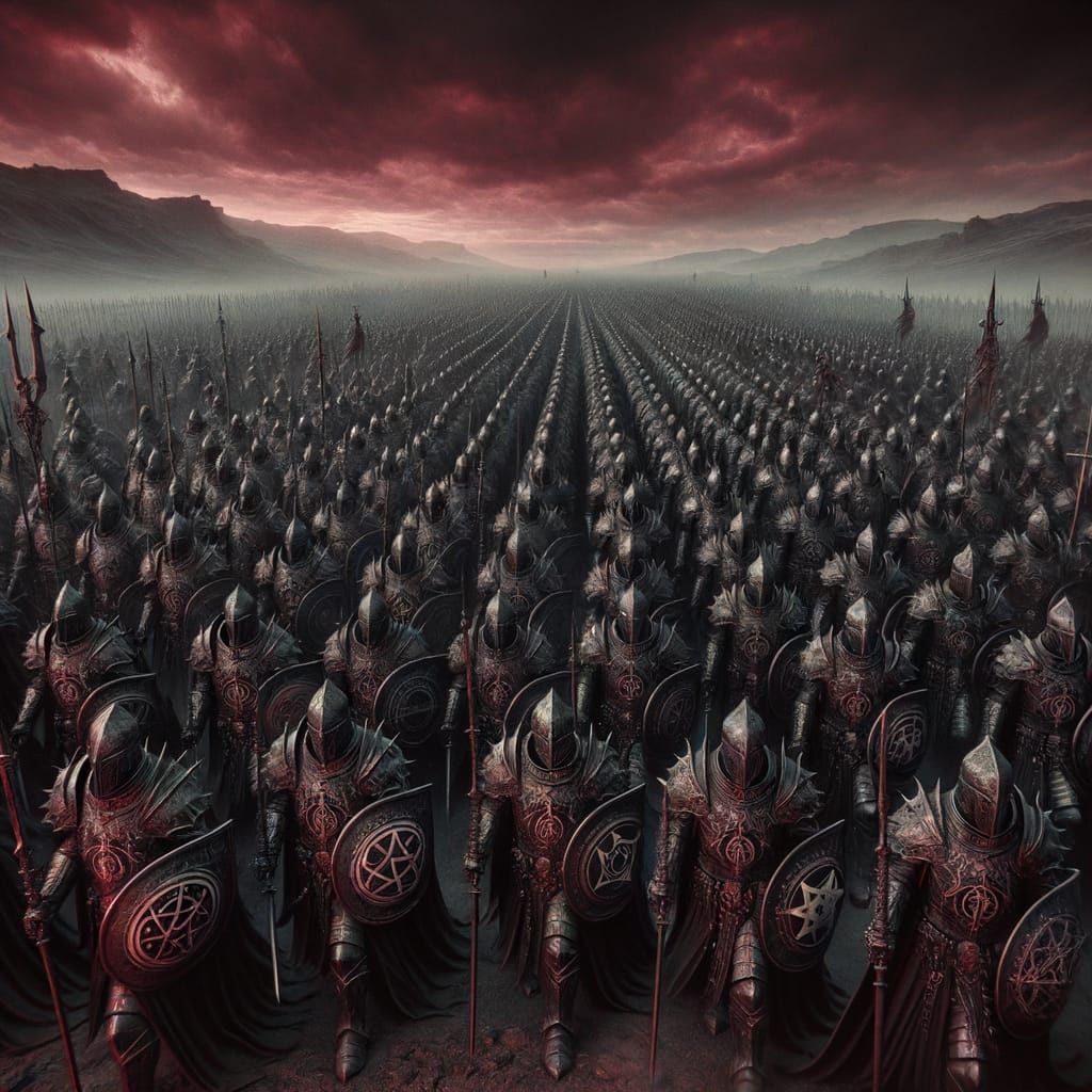 Medieval Army Marches Under Crimson Sky in Dark, Charred Arm...