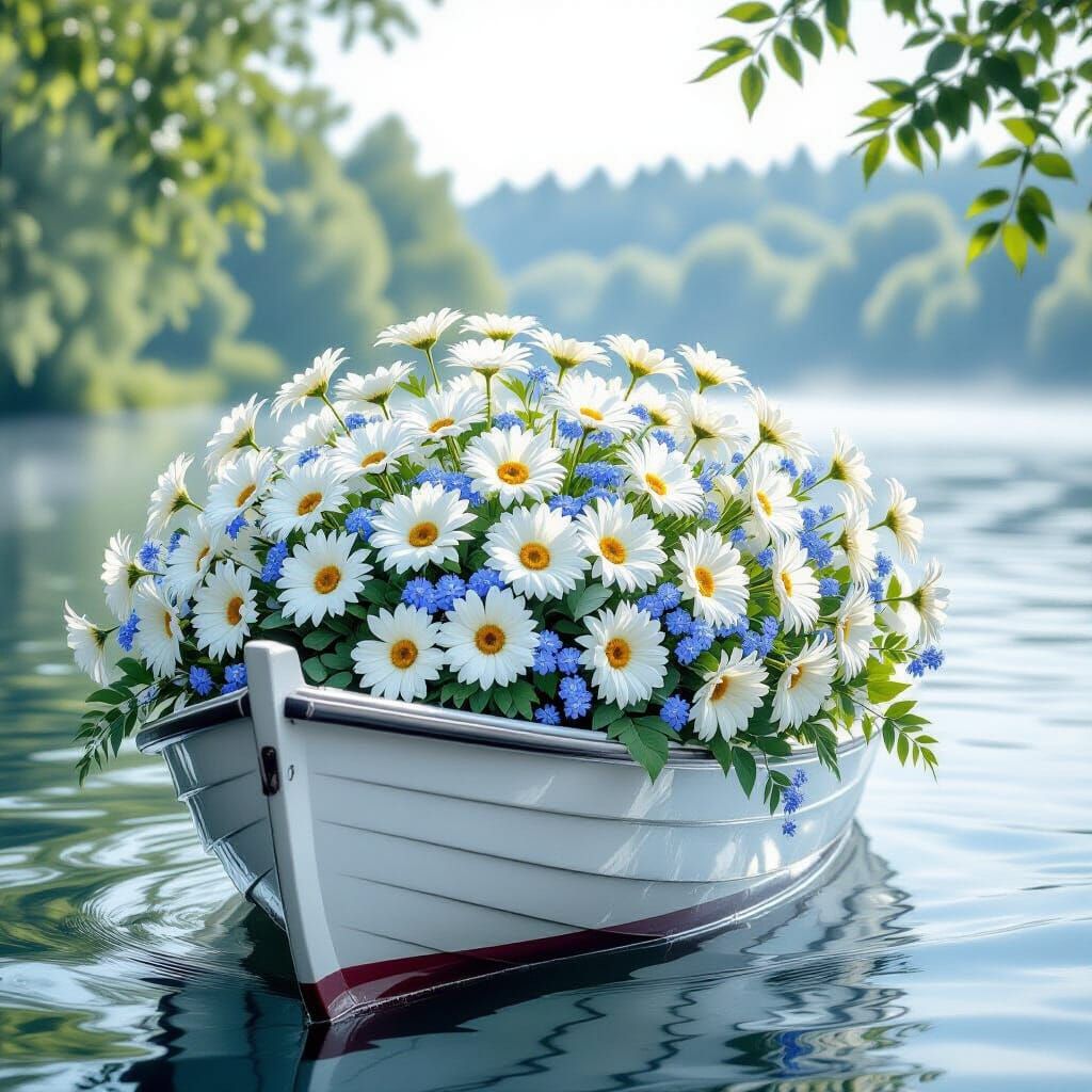 Vintage Boat with Flowers on Lake: Digital Painting