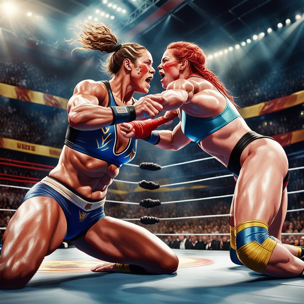 Women Wrestlers in Action: Hyperrealistic Arena Scene