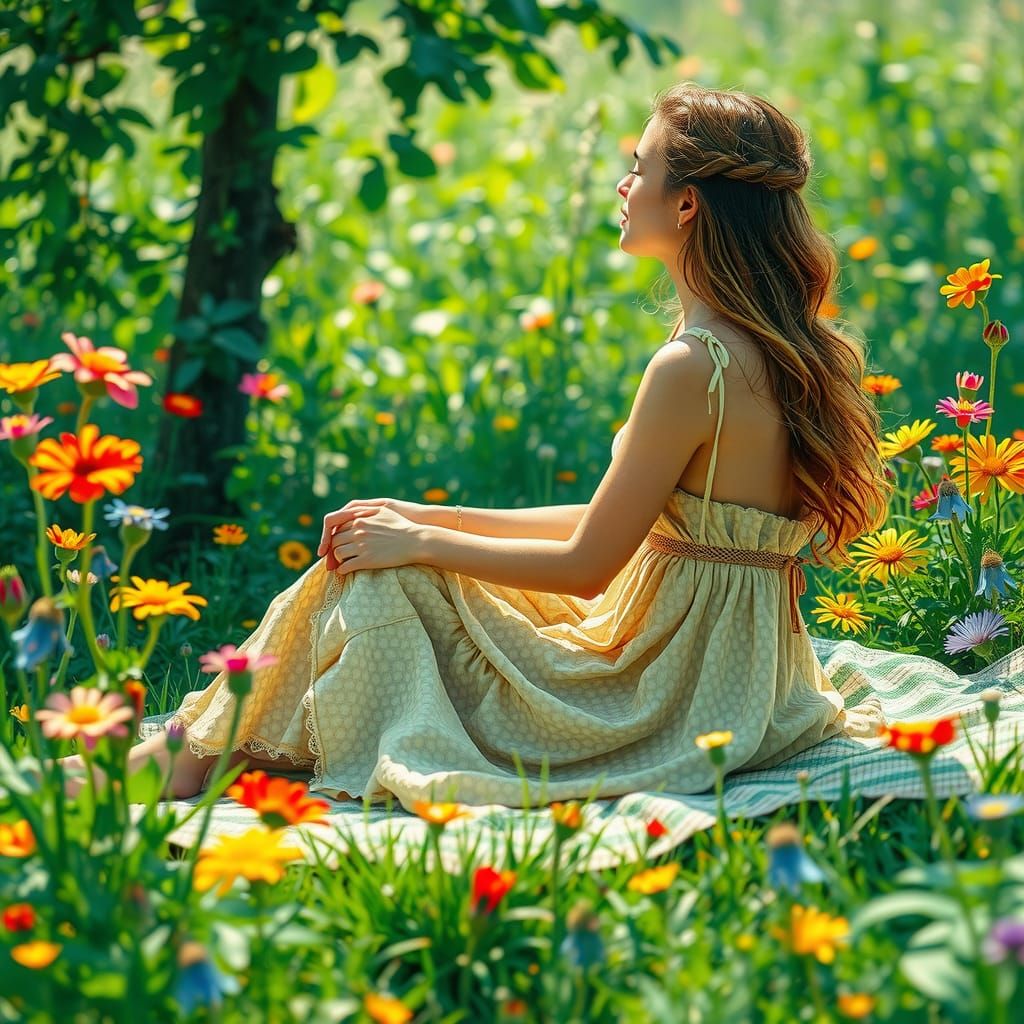 Woman in Wildflowers: Pointillist Summer Scene
