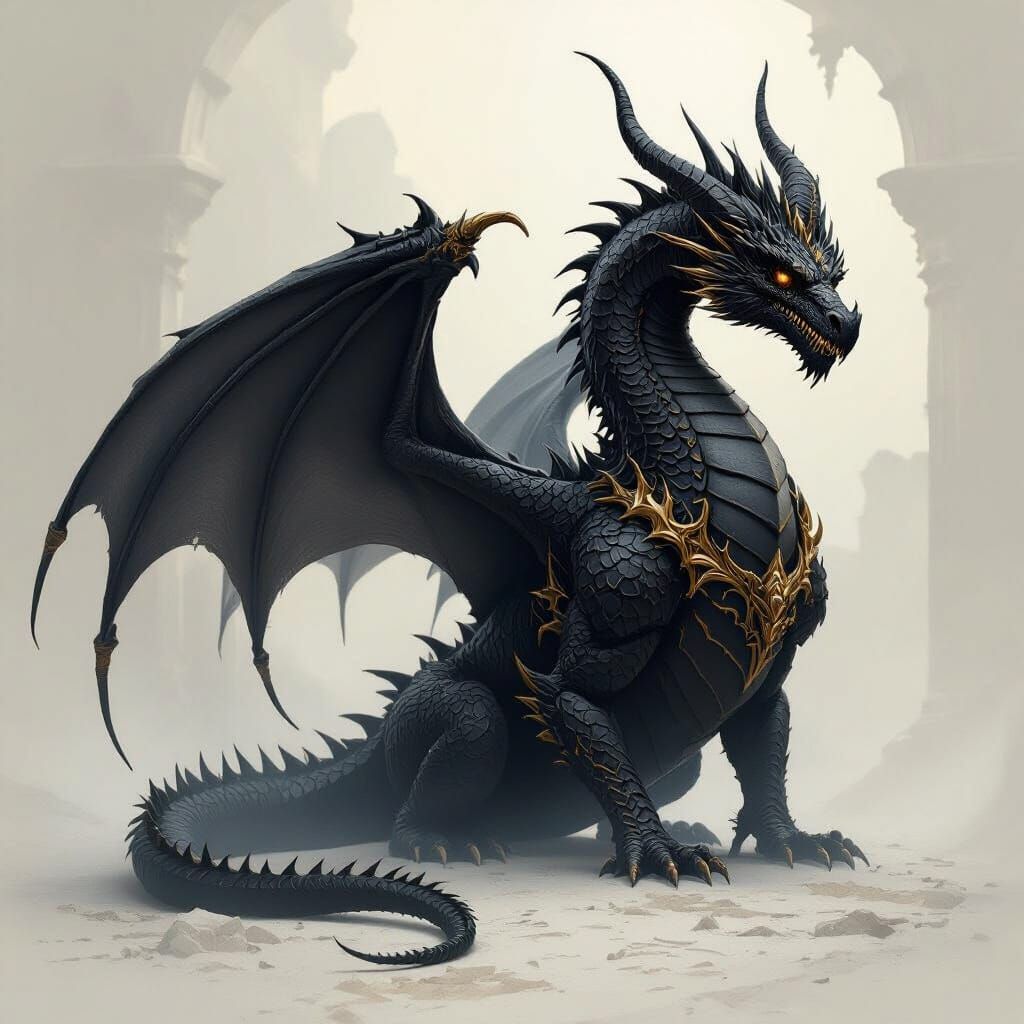 Monstrous Black Dragon with Gold Accents and Barbed Tails