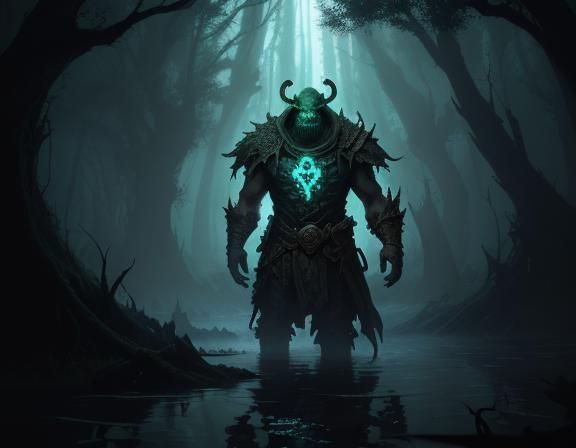 Bullywug Emerges from Murky Swamp - Dark Fantasy Art