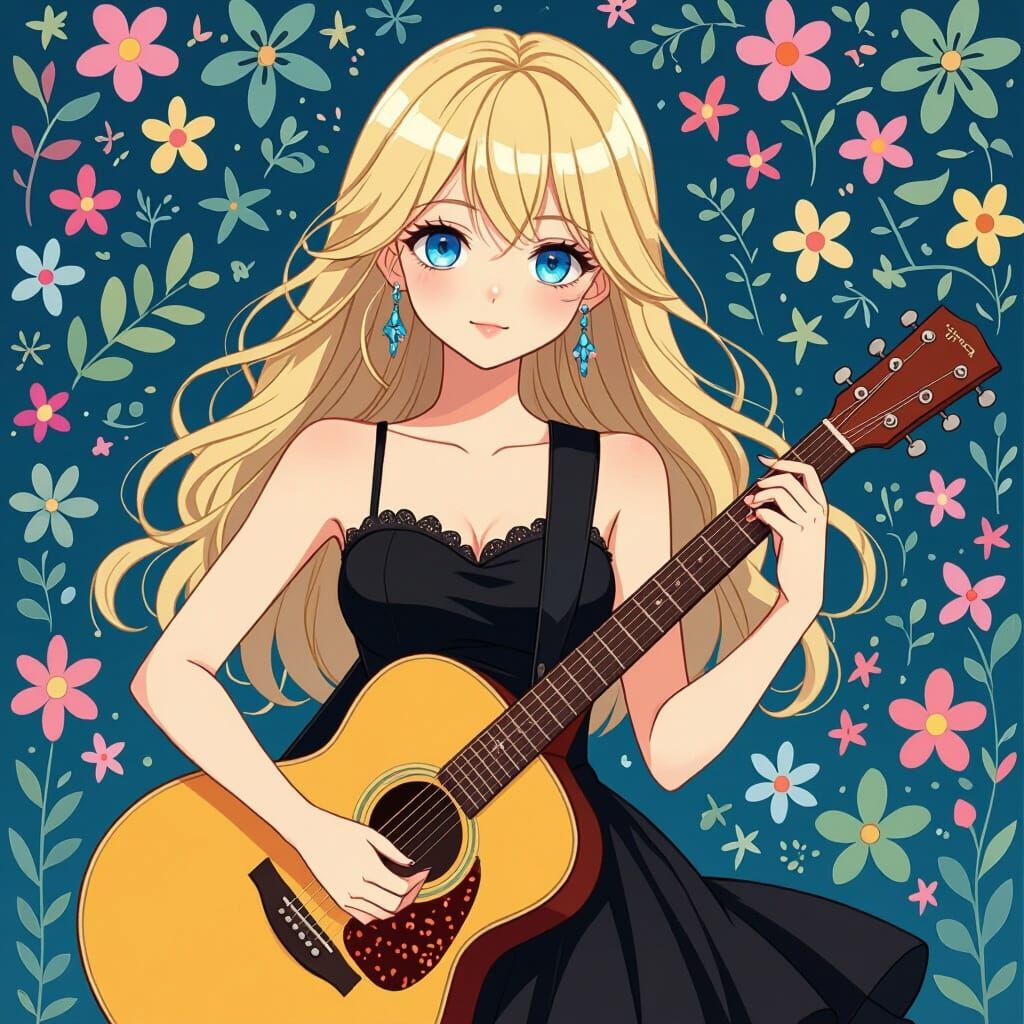 Anime Girl with Guitar in Black Dress, Pastel Colors