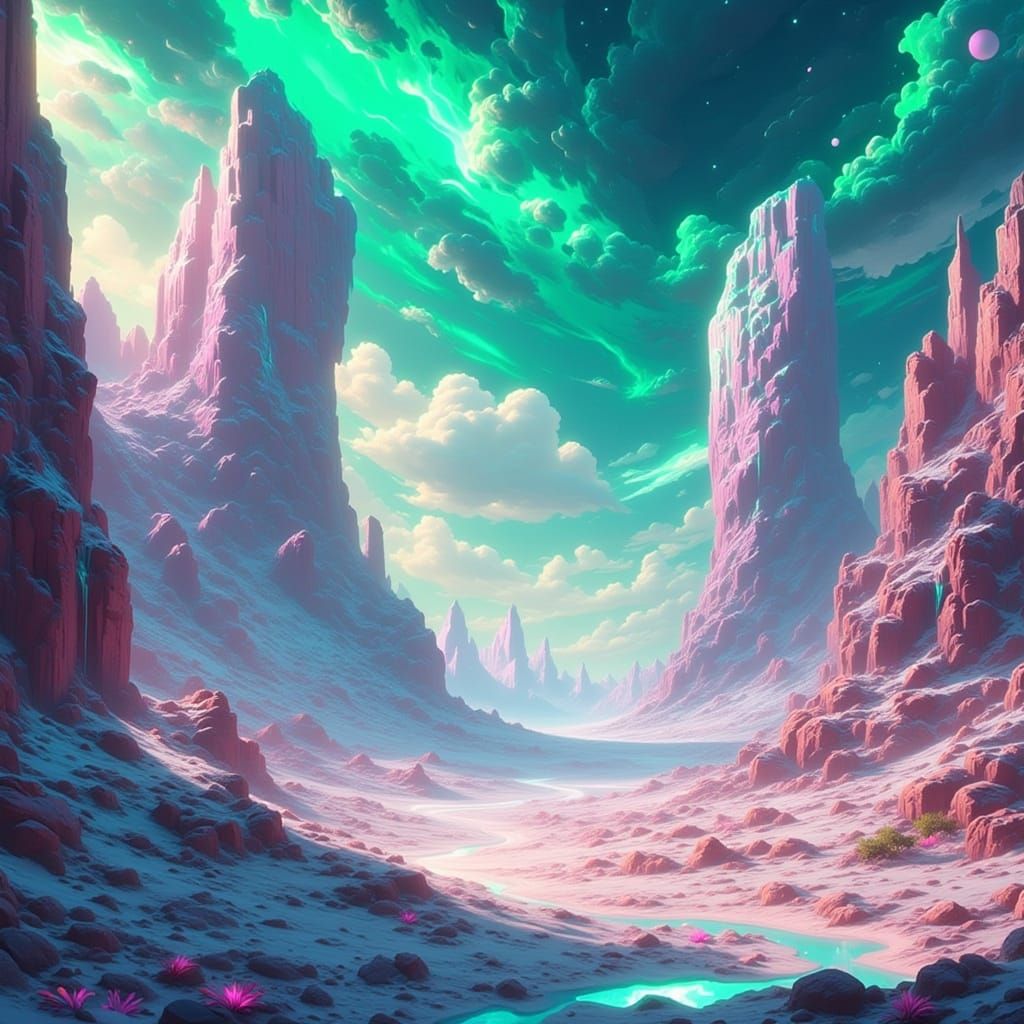 Crystalline Desert Under Swirling Gas Sky