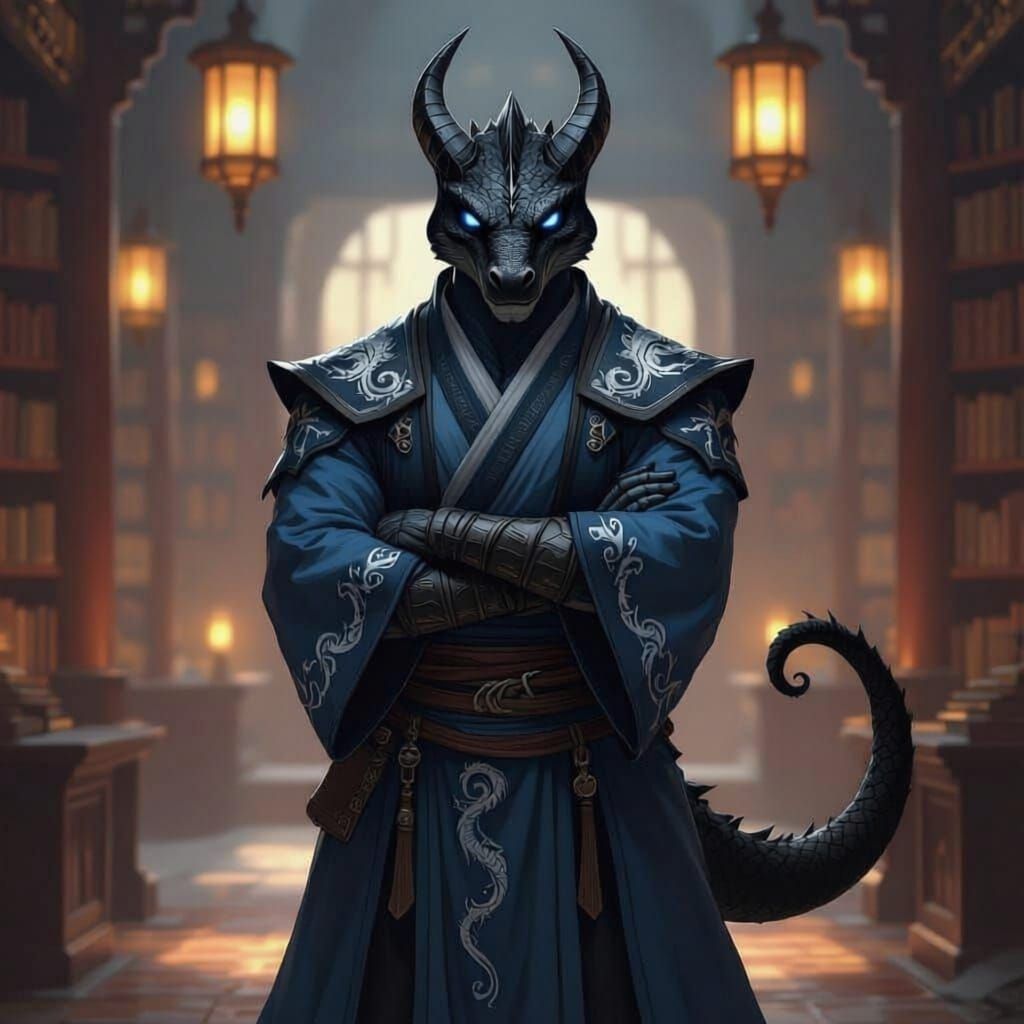 Dragonborn Monk Stands in Library, Blue and Black Robes
