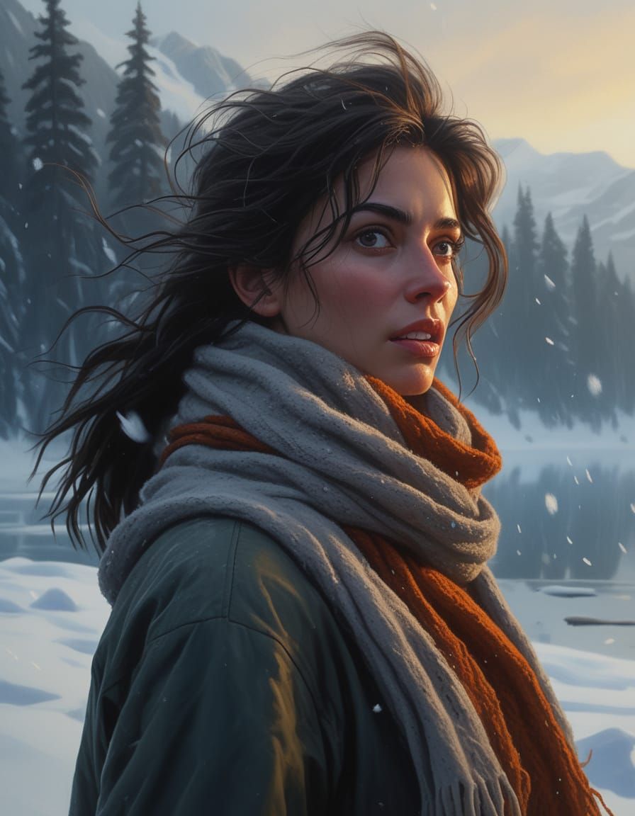 Mysterious Figure Fleeing in a Frozen Wilderness Landscape i...