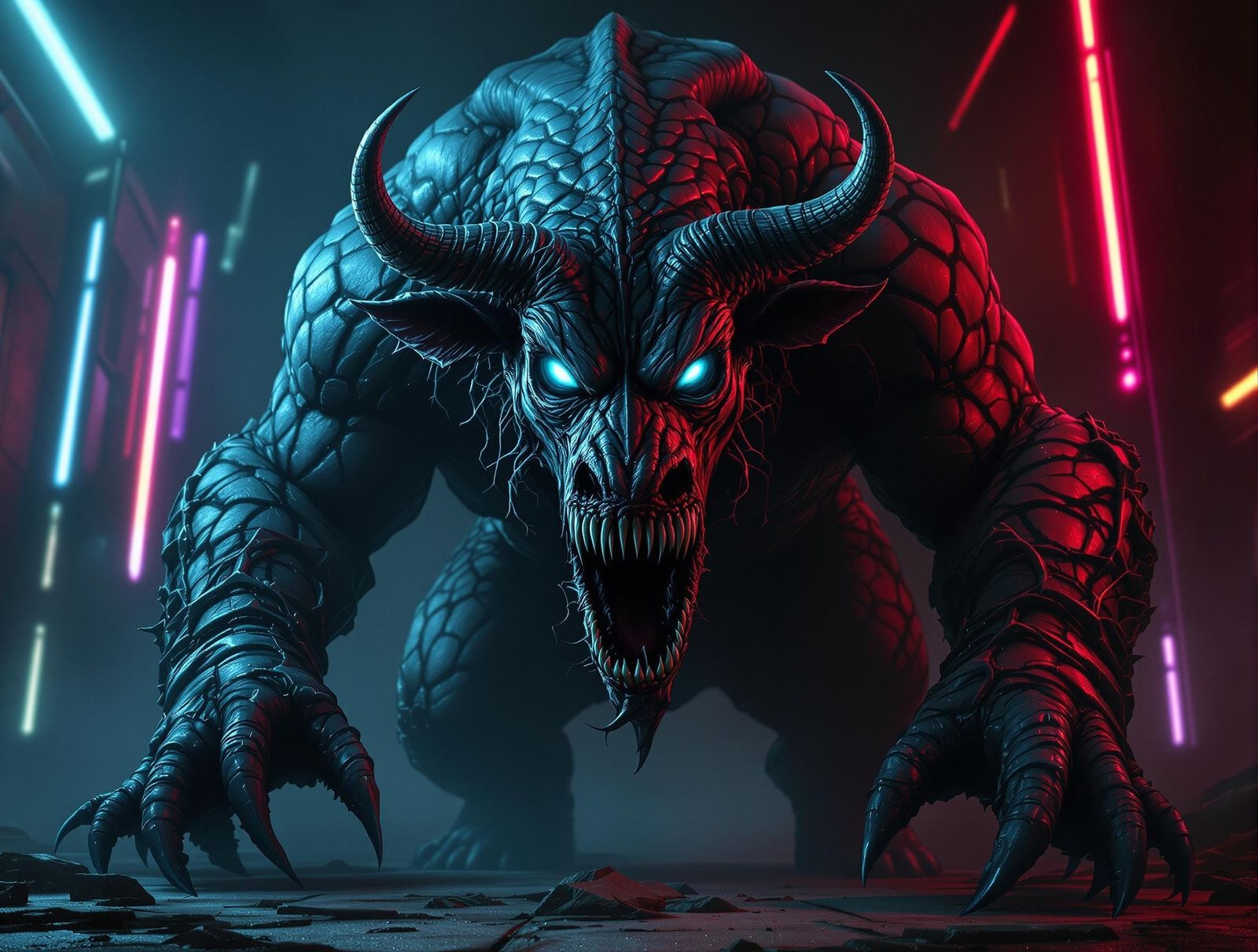Cyberpunk Horror Creature in Neon-Lit Darkness