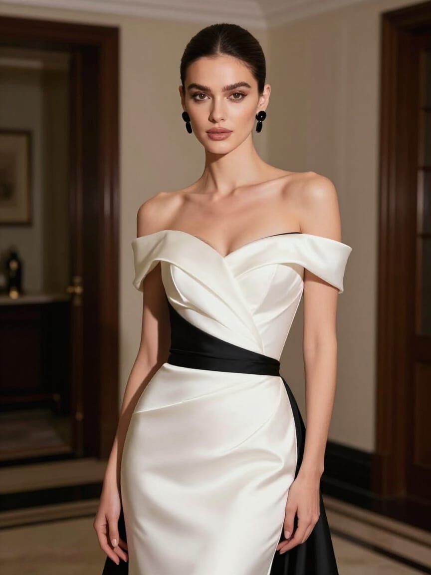 Elegant White Satin Evening Gown with Black Details
