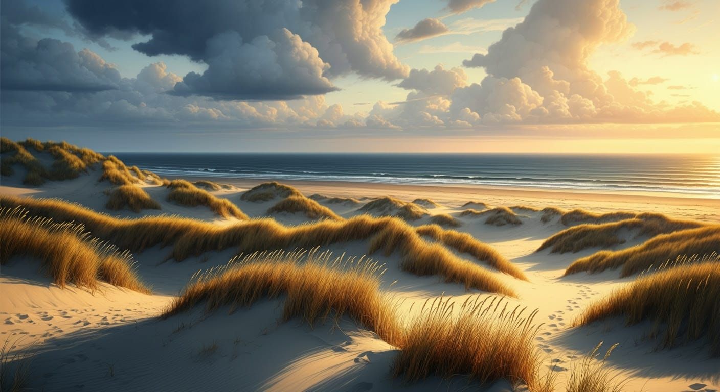 Surreal Coastal Sunset with Undulating Dunes and Calm Ocean