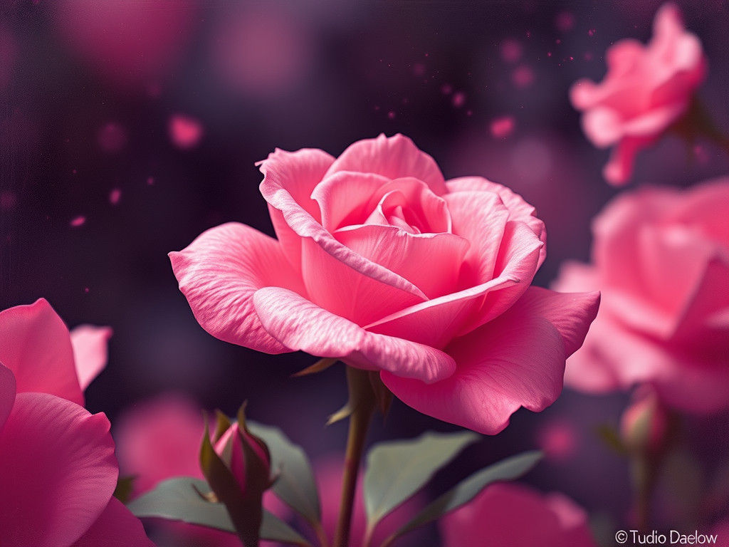 Minimalist Pink Rose in Pino Daeni Ghibli Style