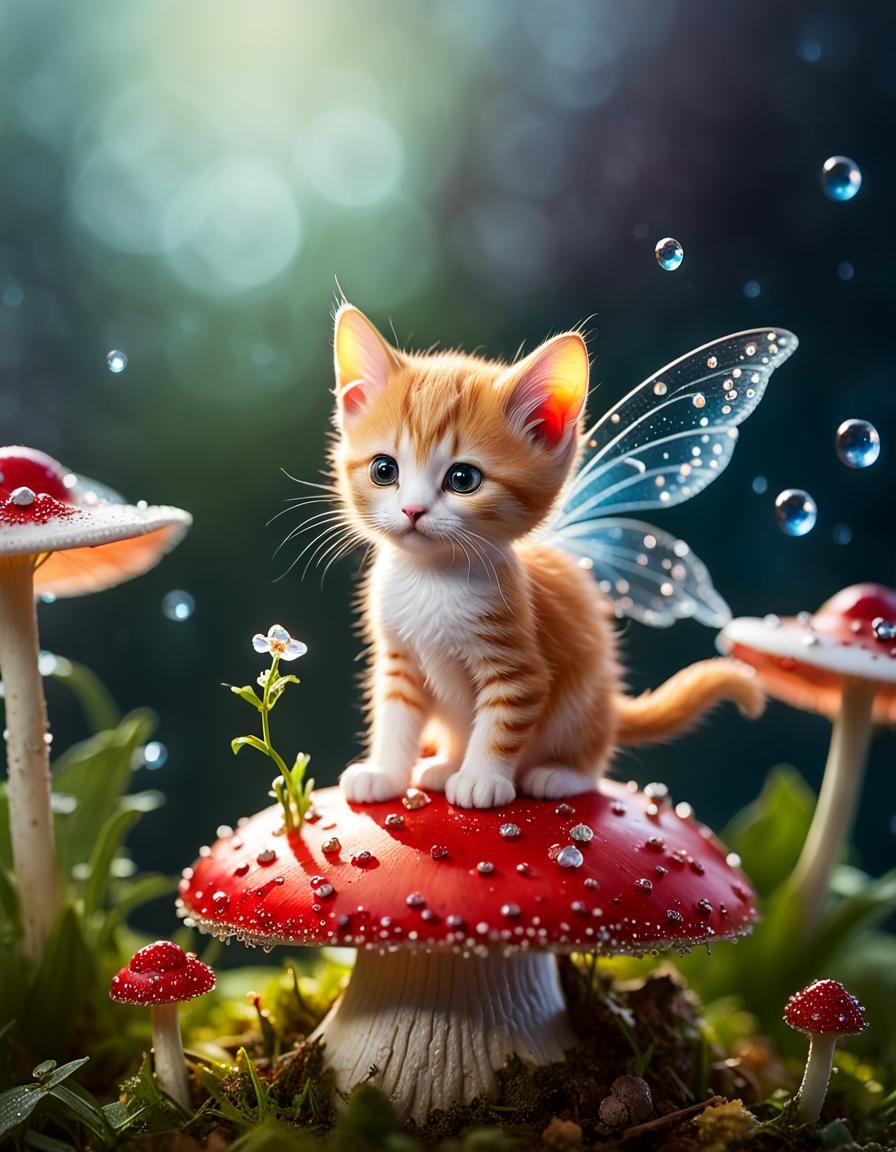 Ginger Fairy Kitten on Amanita Mushroom, Macro Photography