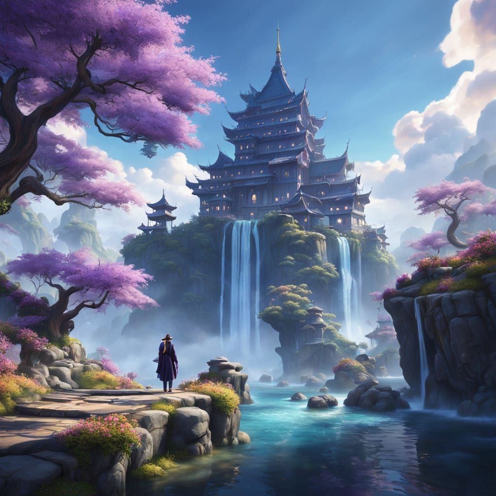 Dreamlike Floating Islands in Lavender Haze with Waterfalls...