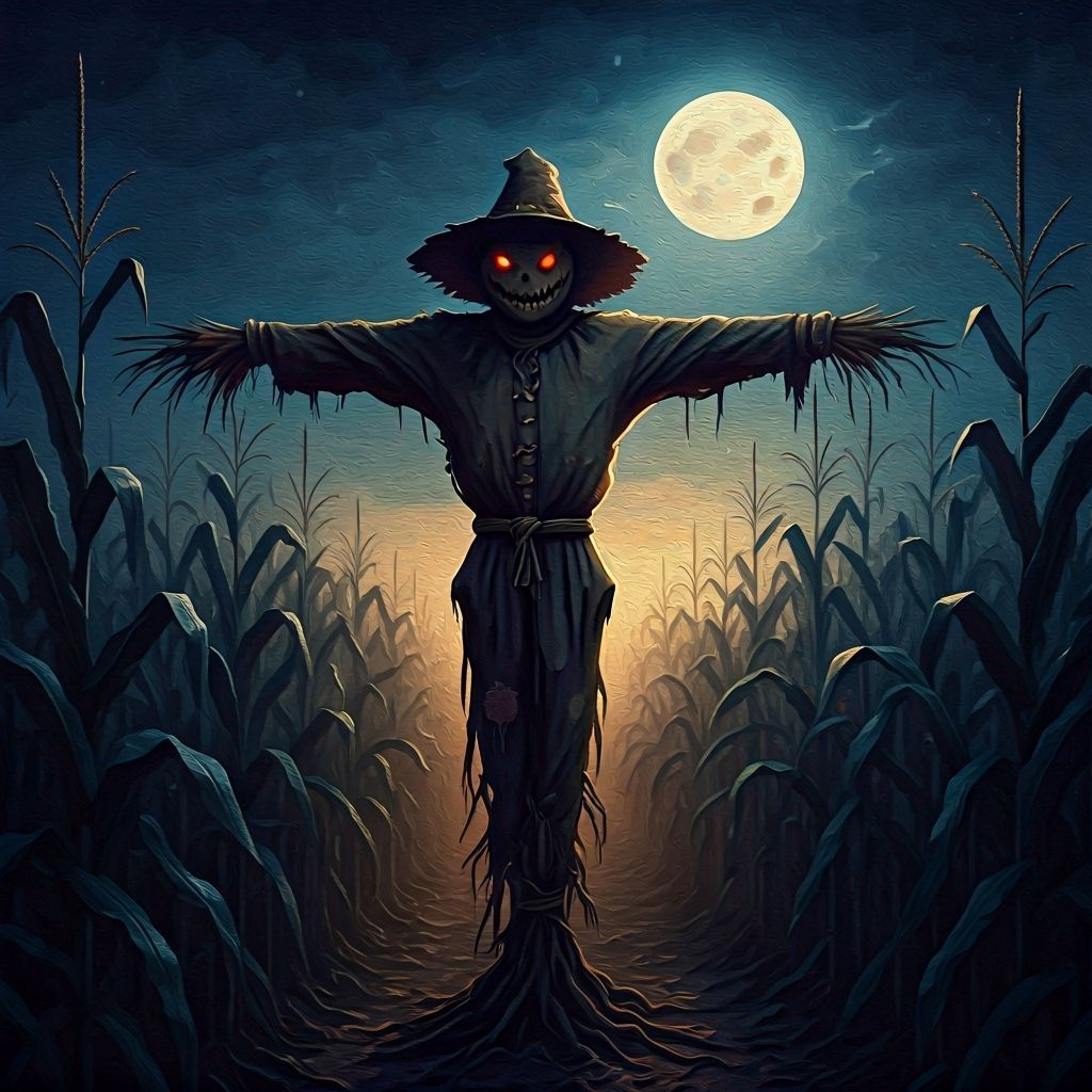 Creepy Scarecrow in Moonlit Cornfield, Noir Oil Painting