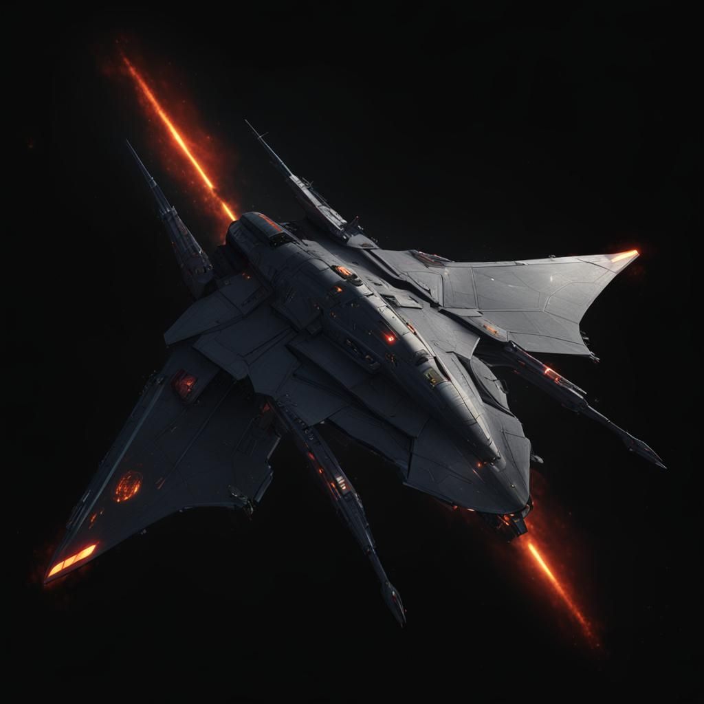 Spacecraft with Bat Wings in Fiery Galaxy