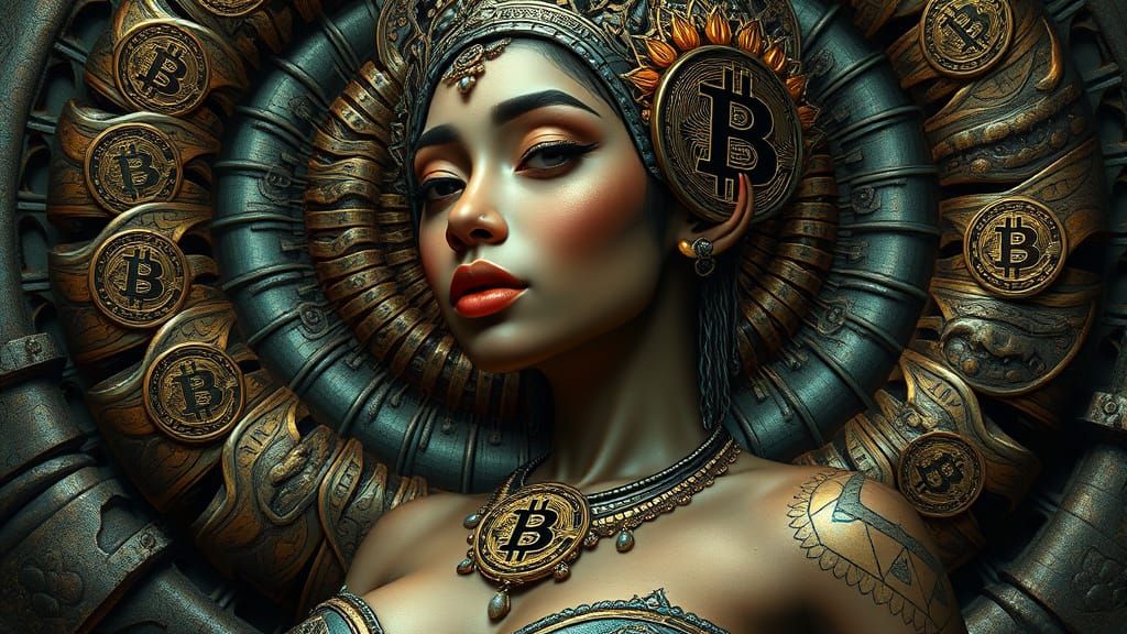 Surreal Cyberpunk Goddess Embracing Bitcoin in Grotesque Bio...