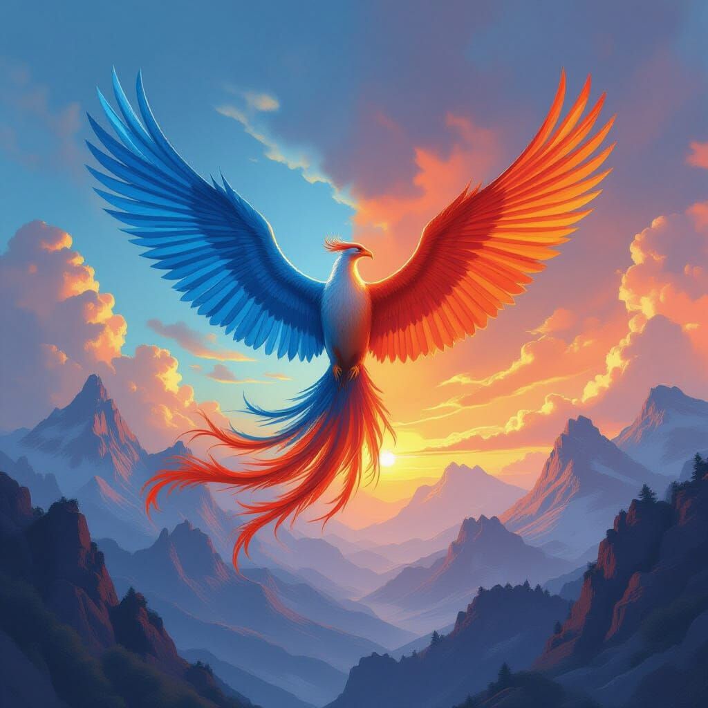 A majestic phoenix soars in the sky, its wings fully extende...
