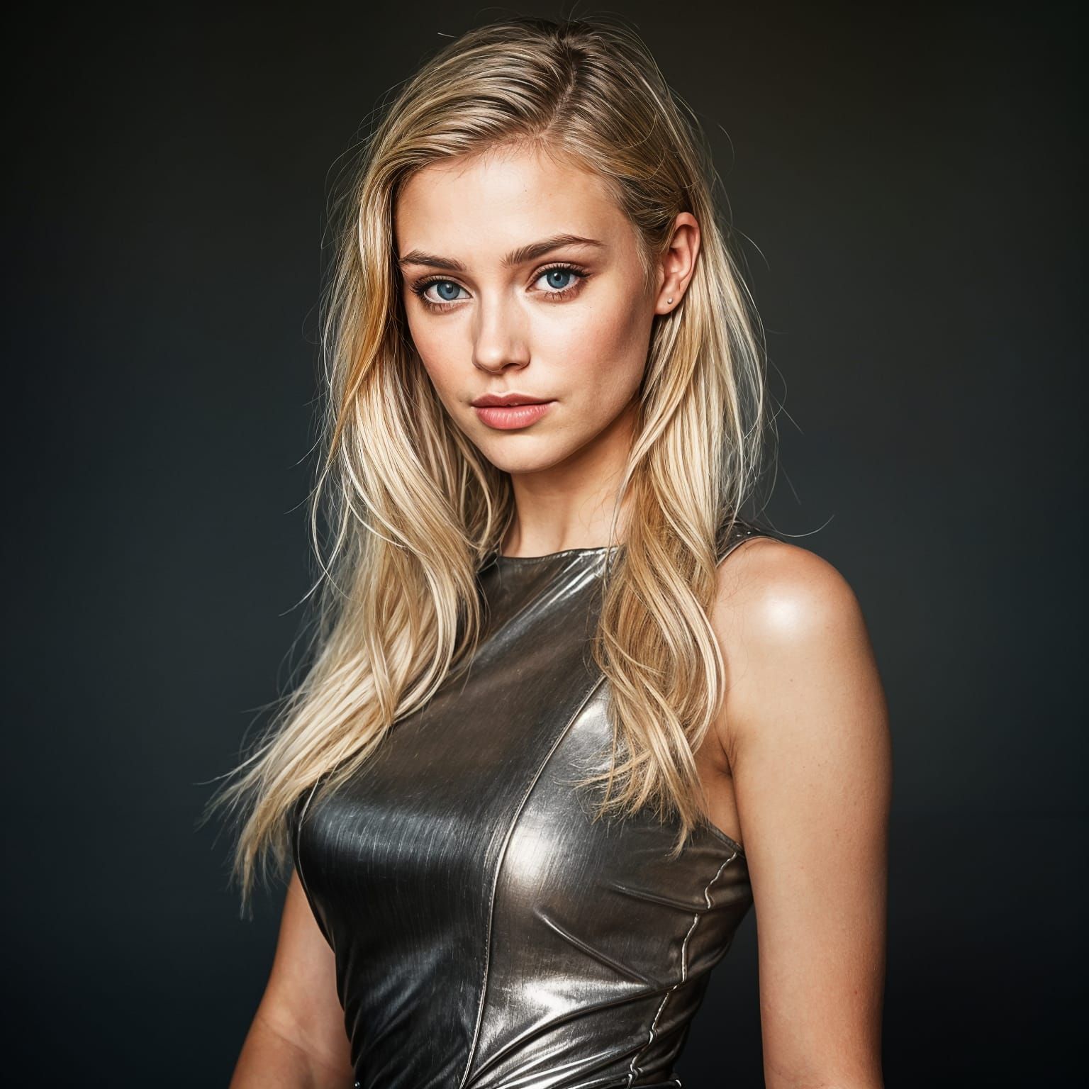 Beautiful Blonde Woman in Metallic Dress