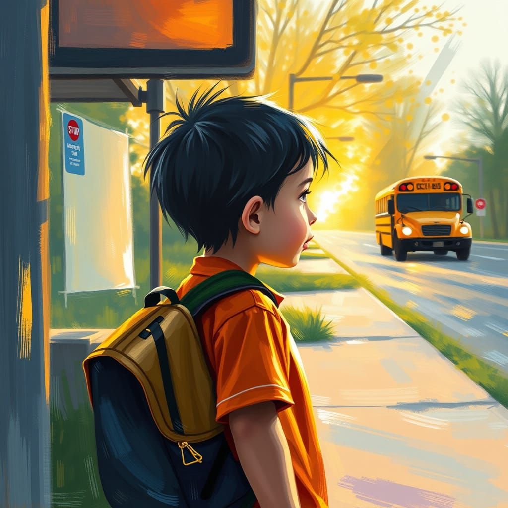 Child Waits for School Bus: Brush Stroke Painting