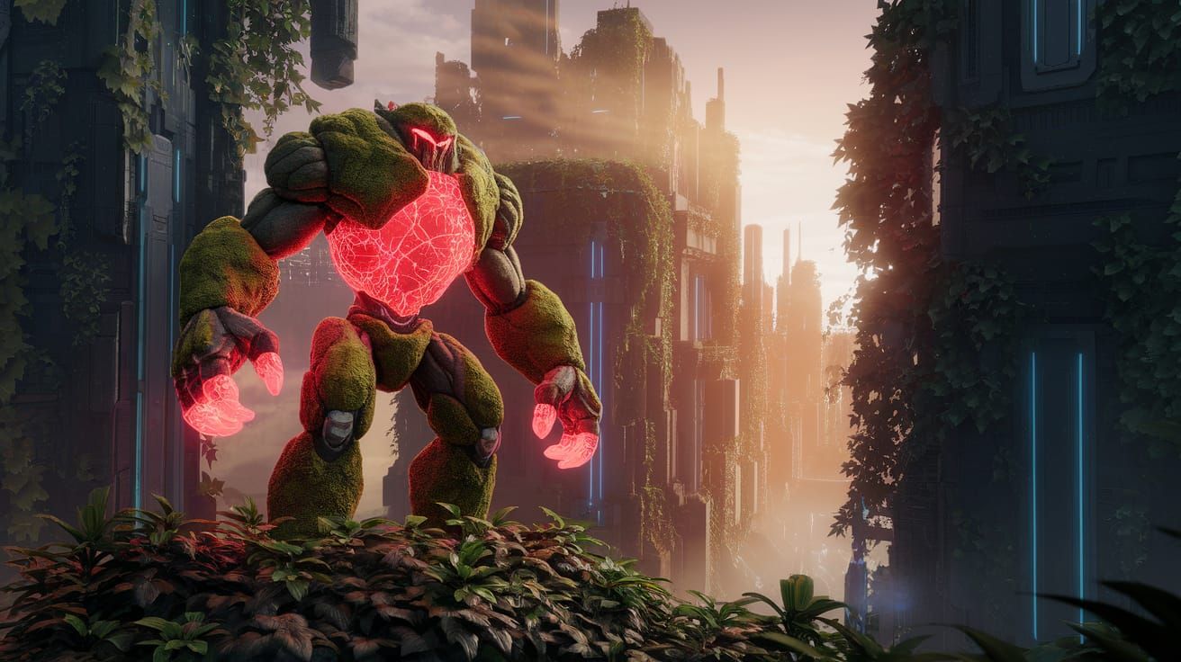 Ancient Golem Guards Futuristic City in Ethereal Digital Art