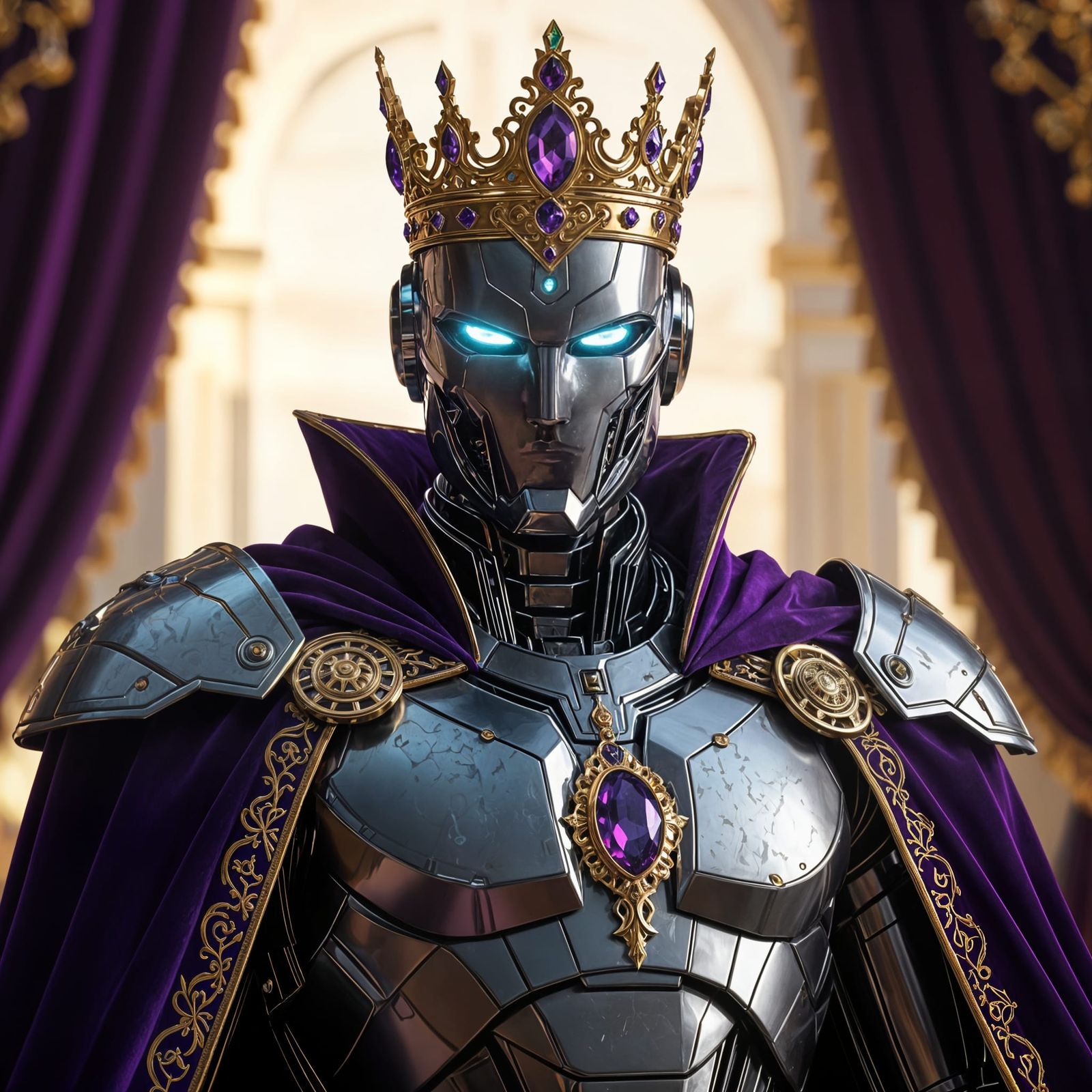 Futuristic Robot King with Crown and Cape