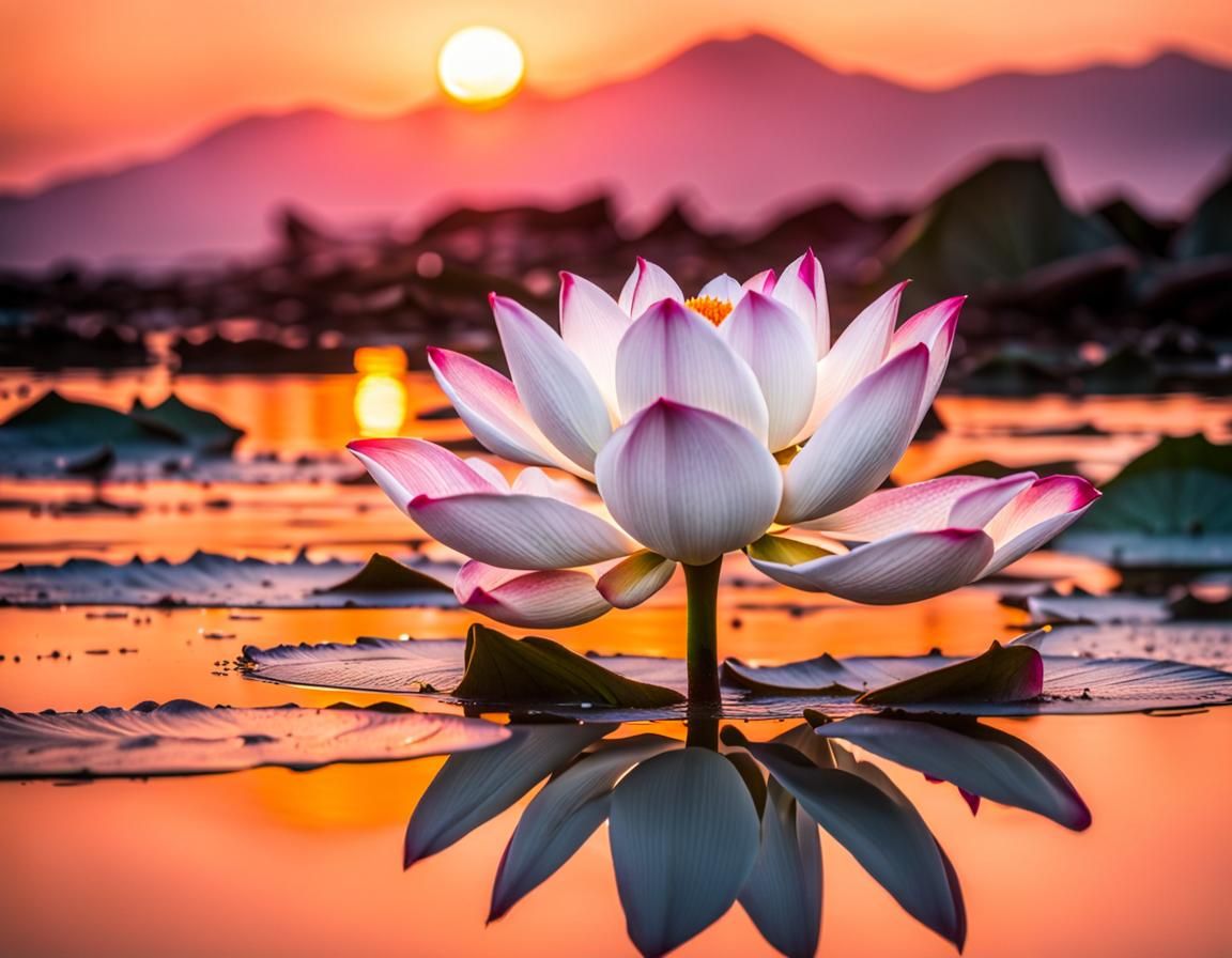 Perfect Lotus Flower Sunset Reflection