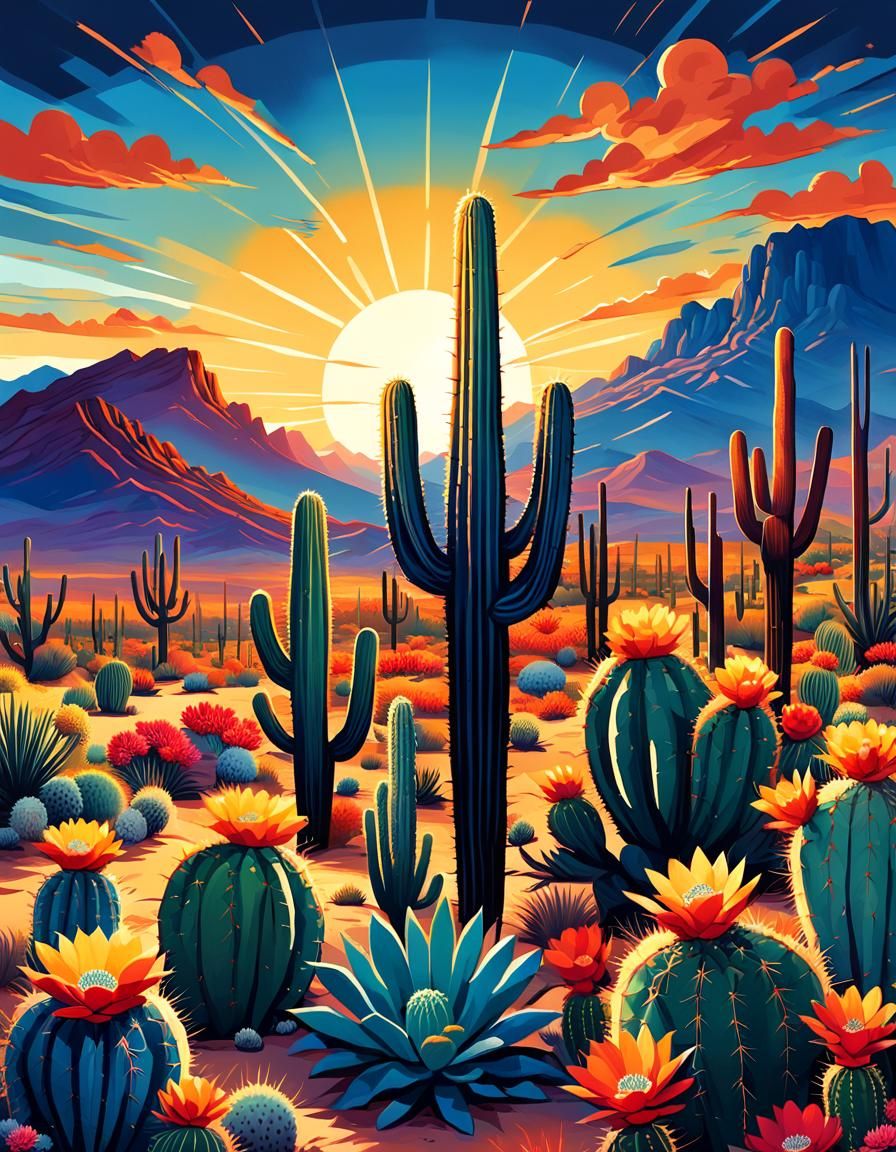 Stylized Desert Landscape with Cacti Illustration