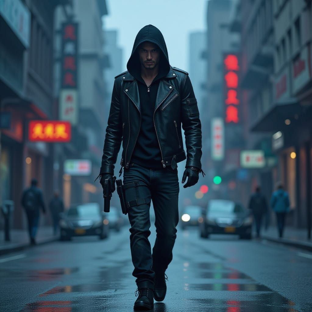 Assassin Arrives in War-Torn City, Cyberpunk Film Noir