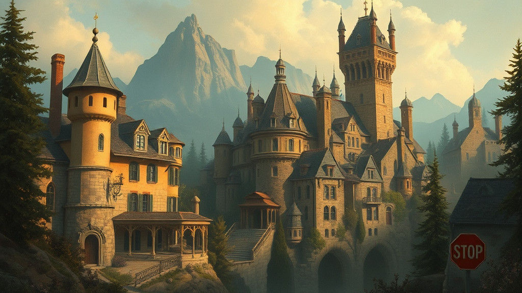 Nostalgic Architectural Landscape in Oil Painting Style