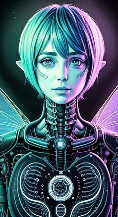 Cybernetic Fairy in Whimsical Line Art