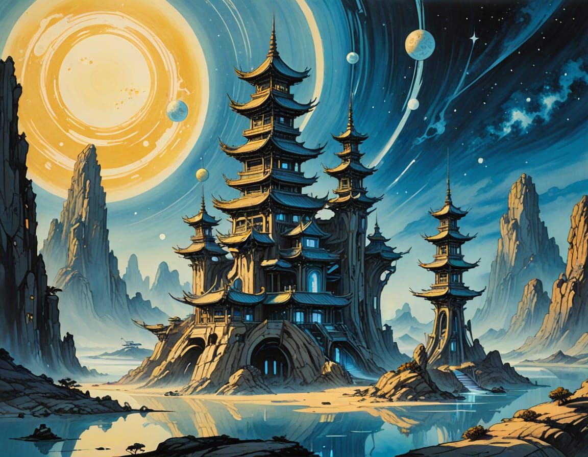 Futuristic Space Station in Chinese Ink Painting Style