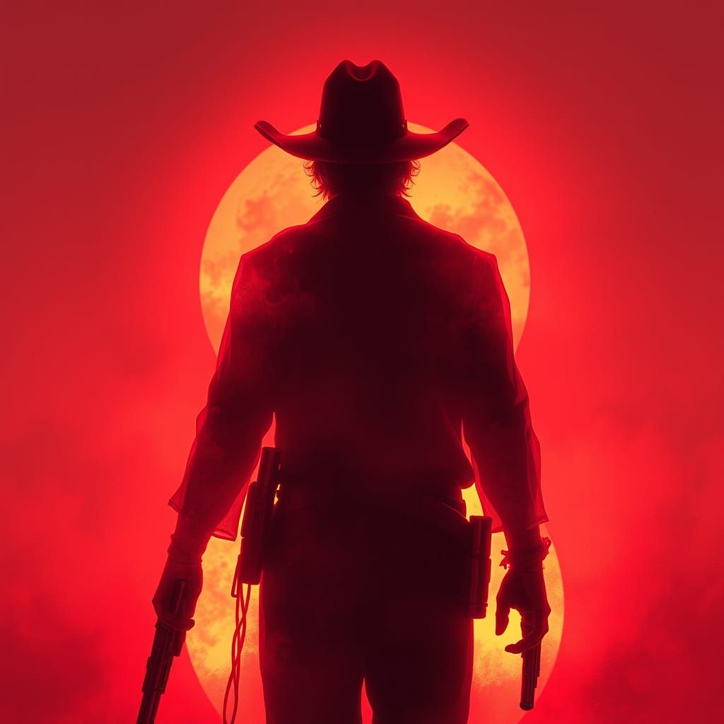 A spectral gunslinger stands silhouetted against a blood-red sunset, his translucent form shimmering with an otherworldl...