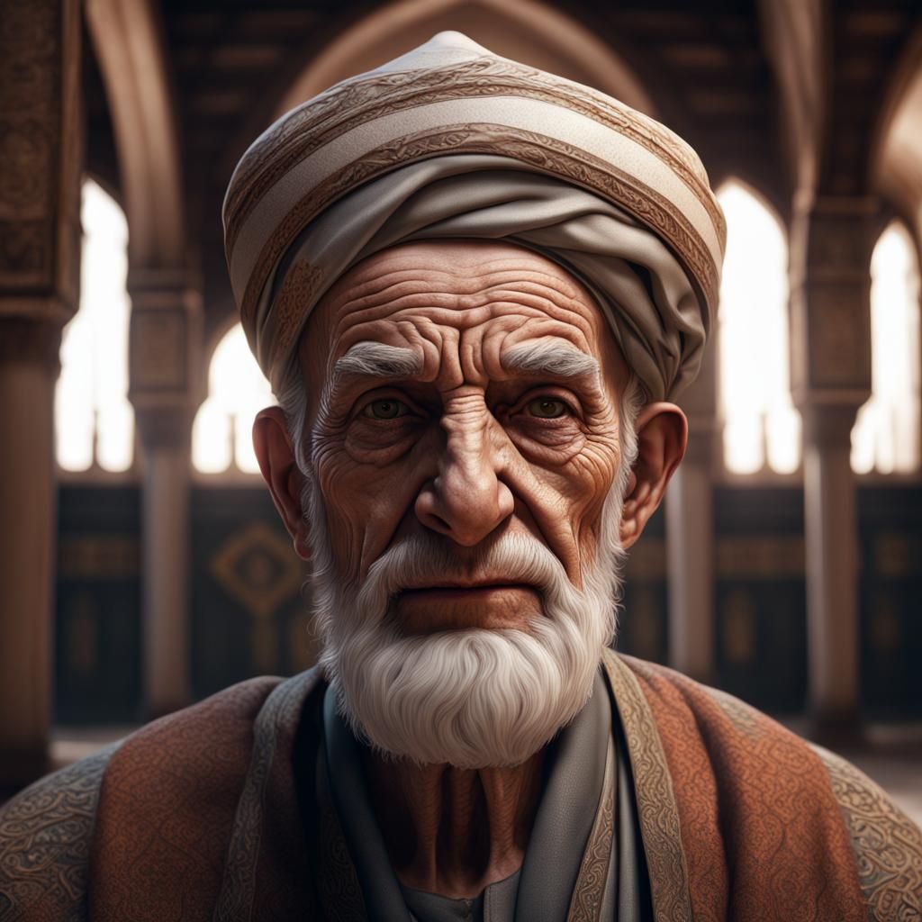 Wrinkled Old Man in Mosque: Detailed Matte Painting