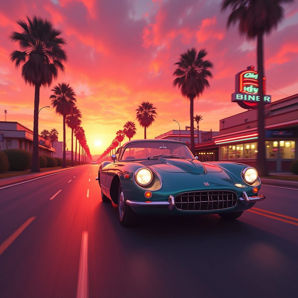 Retro Sports Car in Synthwave Sunset Dreamscape
