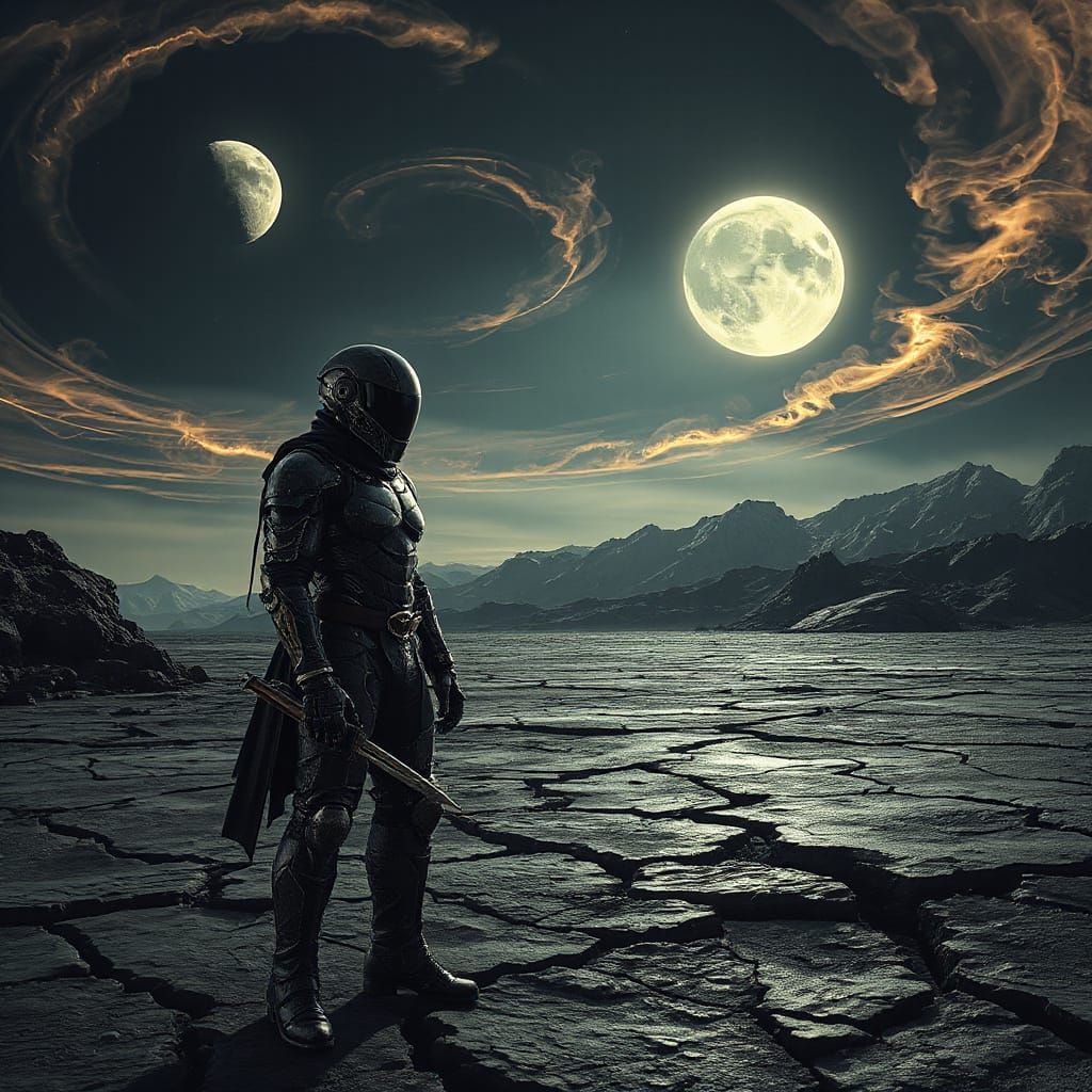 Avant-Garde Warrior on Alien World Under Twin Moons