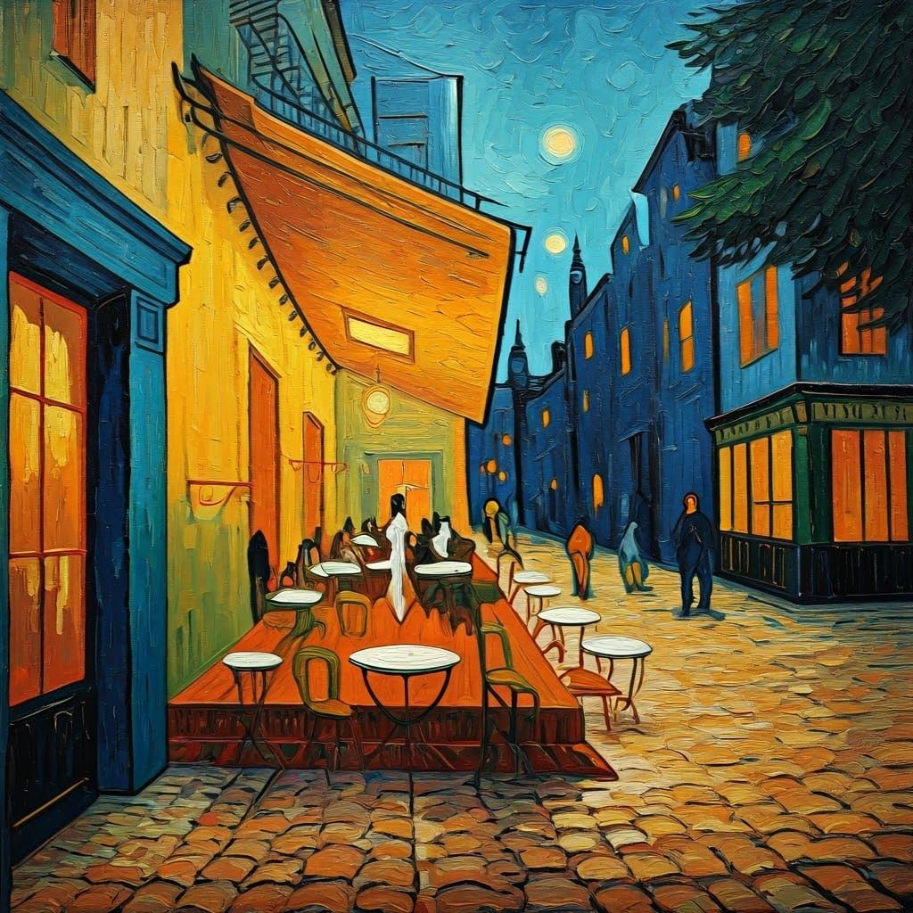 Café Terrace with Xenomorph as Impasto Painting