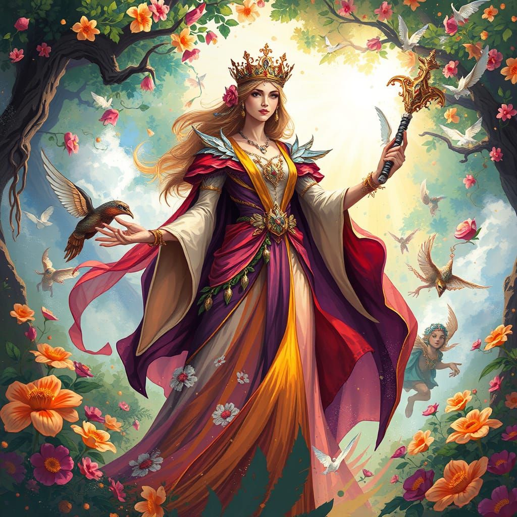 Nature Queen Commands Spirits in Sun-Dappled Glade Splash Ar...