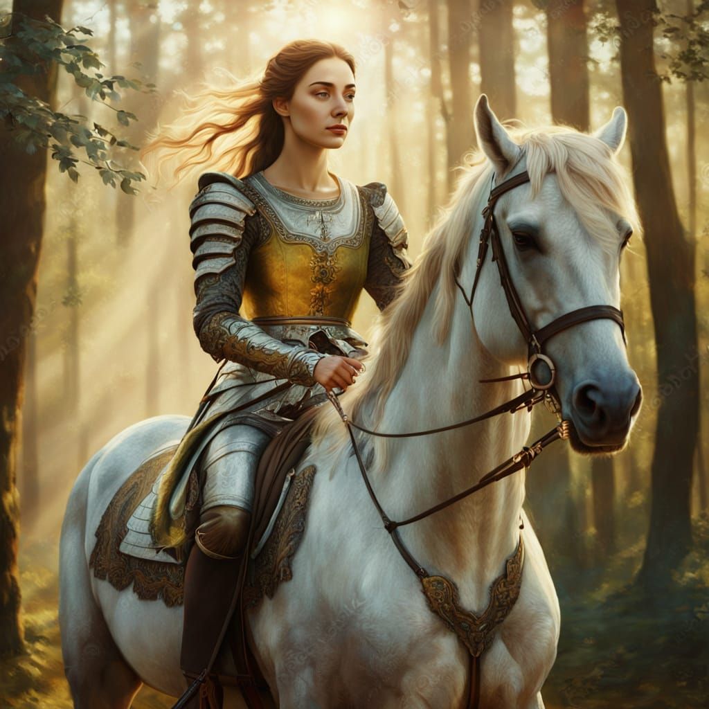 Woman on Stallion in Forest, Renaissance Painting