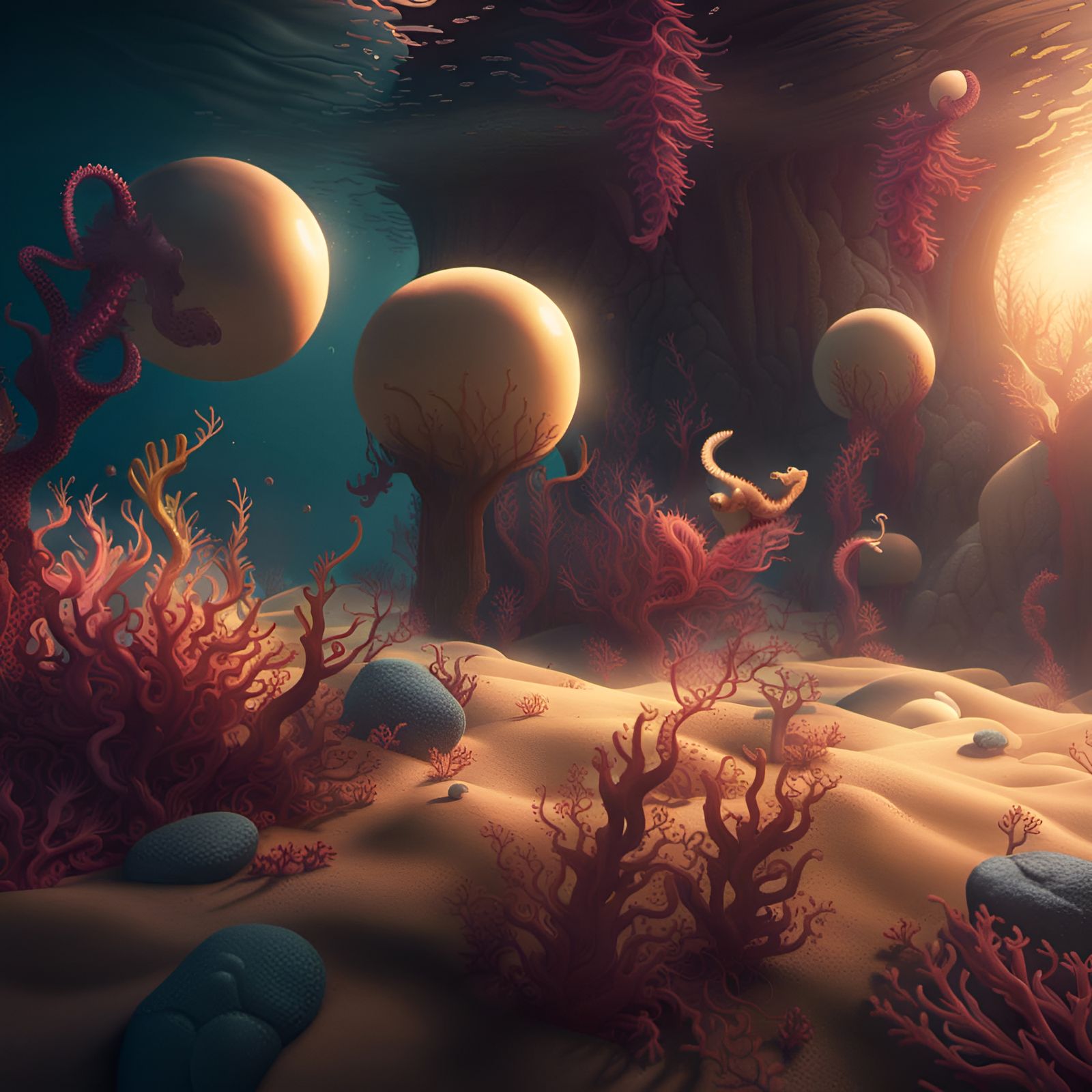 Fantastical Seafloor Scene with Seahorses