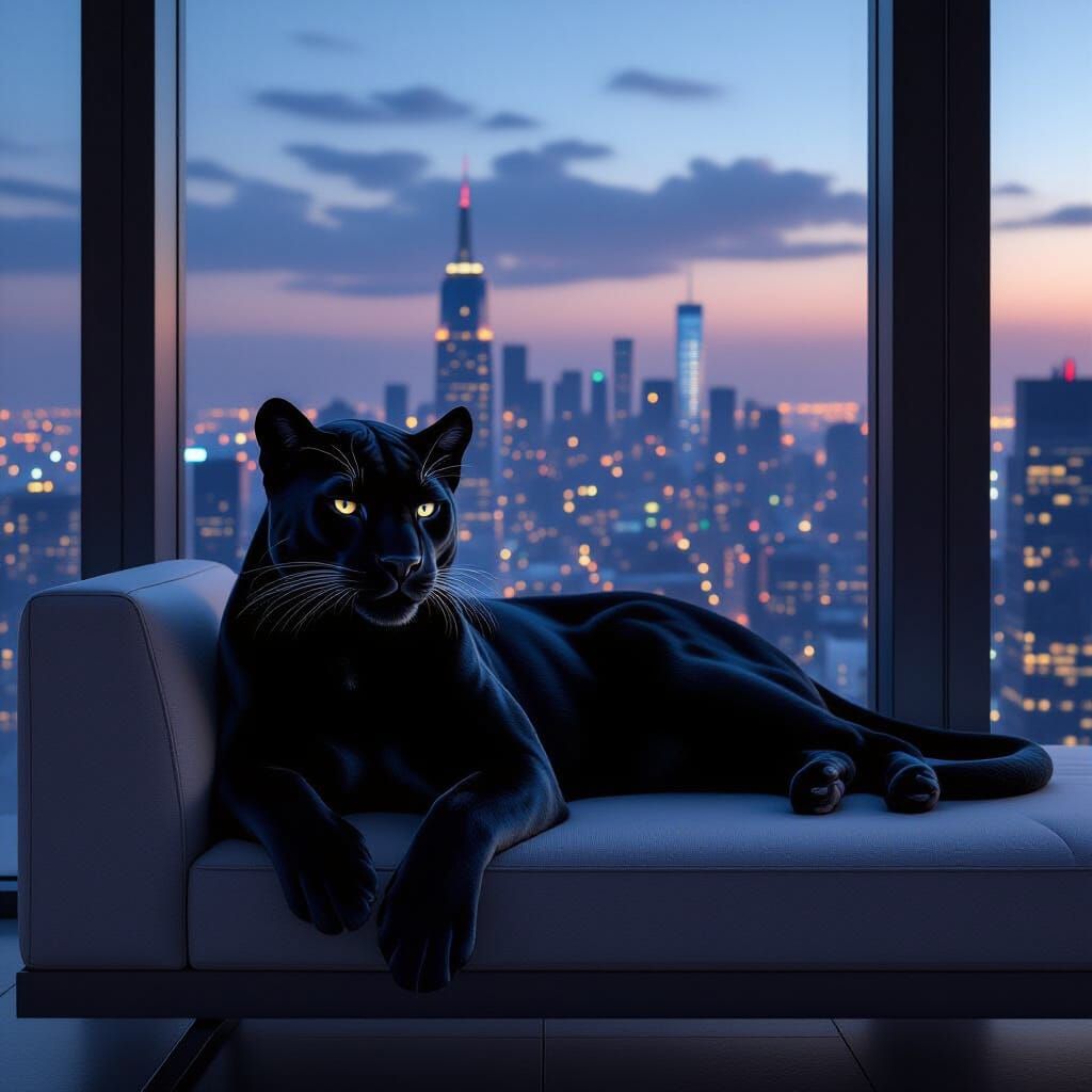 Black Panther Lounging in Dystopian Penthouse, Hyperrealisti...