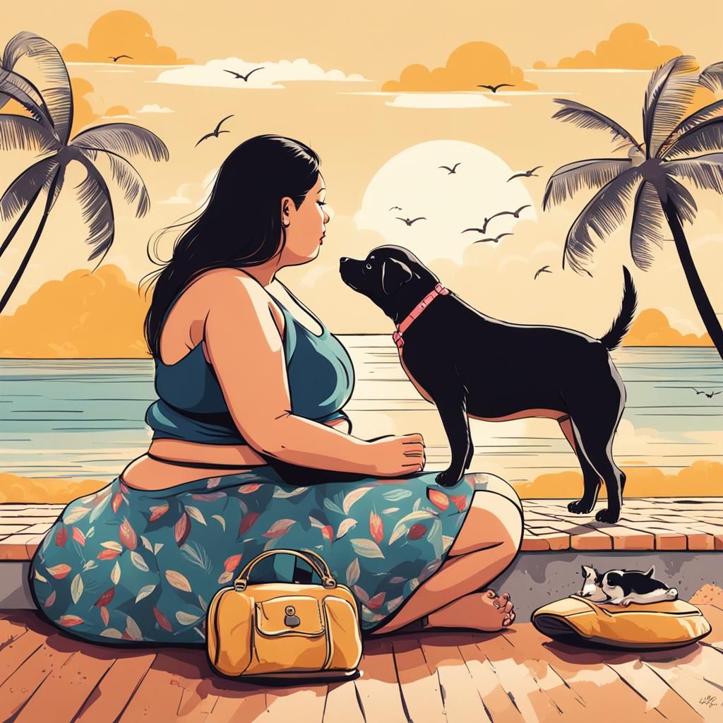 Curvy Woman with Dog in Bikini