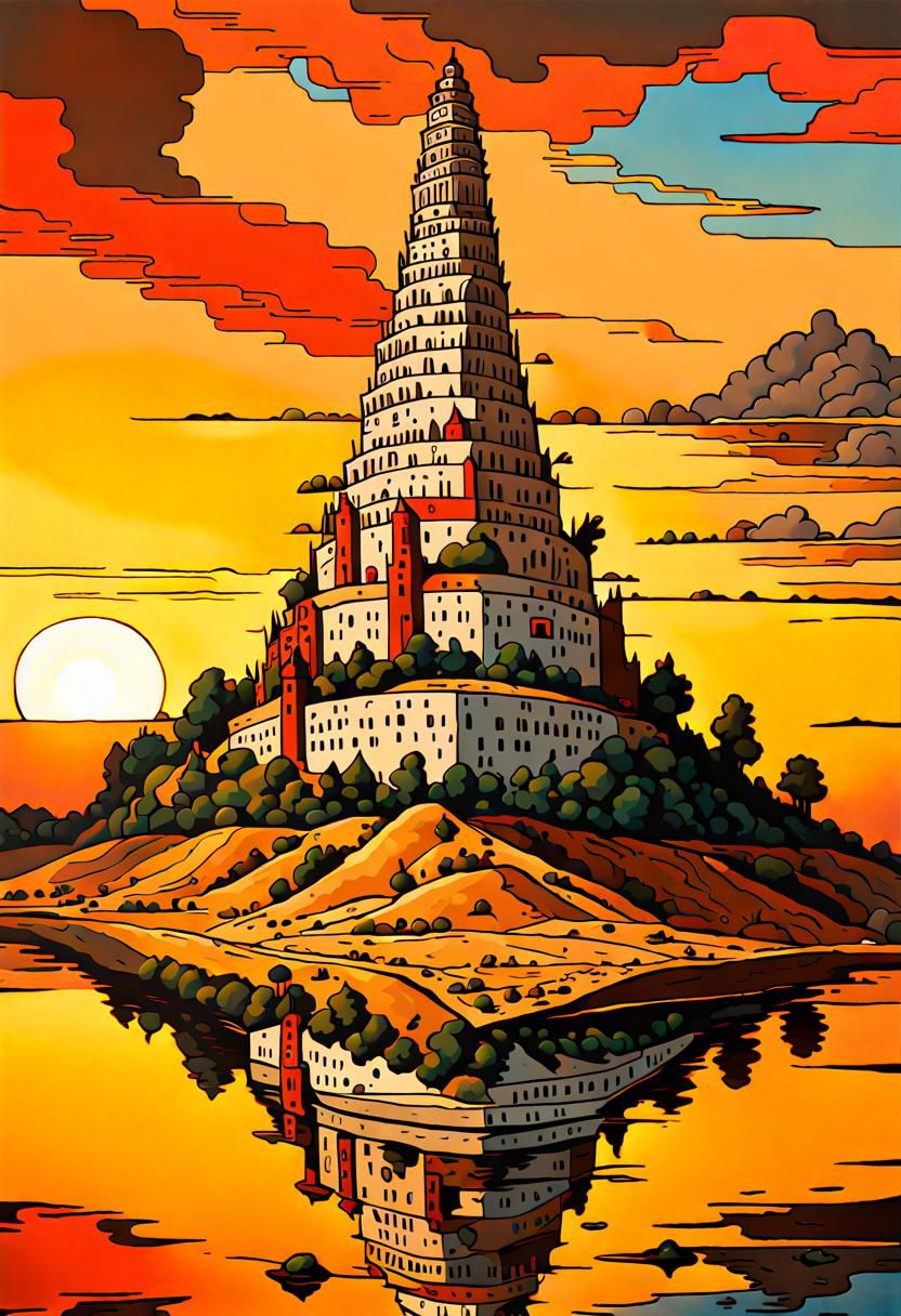 Tower of Babel Sunset: Intricate Vivid Landscape