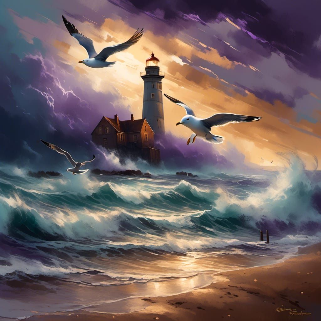 Seagull in Storm at Golden Hour