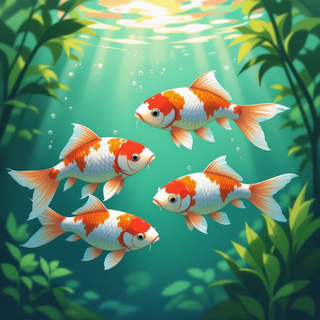 Koi Fish in Underwater Pond, Impressionist Style