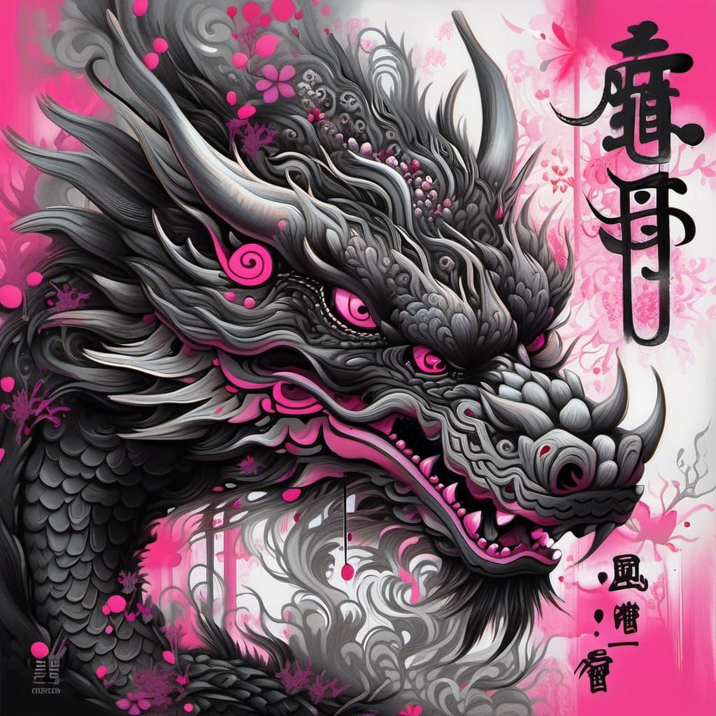 Two-Tone Asian Dragon in Mixed Media Style